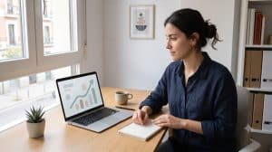 Una mujer joven sentada en un escritorio de madera junto a una ventana brillante, concentrada en un ordenador portátil abierto que muestra una pantalla minimalista con formas abstractas y una línea de crecimiento. Sostiene un bolígrafo y un cuaderno en blanco, con una taza de café y una planta suculenta en maceta sobre la mesa. El fondo muestra una estantería organizada con libros y archivadores.