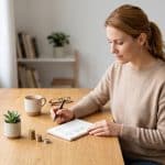 Una persona sentada frente a un escritorio de madera iluminado por luz natural, planificando tranquilamente en un cuaderno. Sobre la mesa se observan pequeñas pilas ordenadas de monedas, una planta suculenta y una taza de café, transmitiendo una sensación de orden, calma y crecimiento económico sostenible.