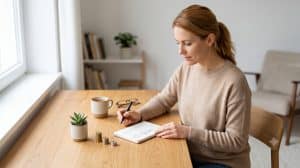 Una persona sentada frente a un escritorio de madera iluminado por luz natural, planificando tranquilamente en un cuaderno. Sobre la mesa se observan pequeñas pilas ordenadas de monedas, una planta suculenta y una taza de café, transmitiendo una sensación de orden, calma y crecimiento económico sostenible.