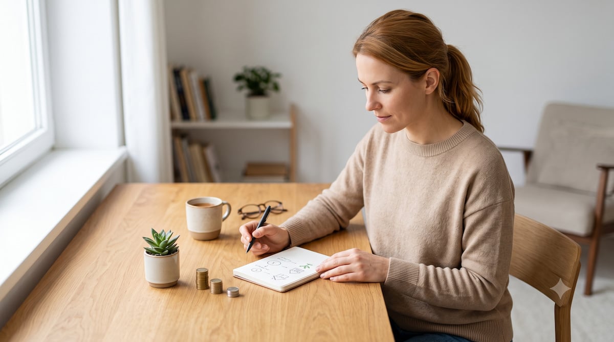 Una persona sentada frente a un escritorio de madera iluminado por luz natural, planificando tranquilamente en un cuaderno. Sobre la mesa se observan pequeñas pilas ordenadas de monedas, una planta suculenta y una taza de café, transmitiendo una sensación de orden, calma y crecimiento económico sostenible.
